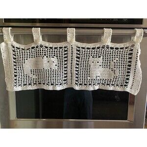 Cute Kitties Handmade Crochet White Short Curtain Valance Panels 100% Cotton